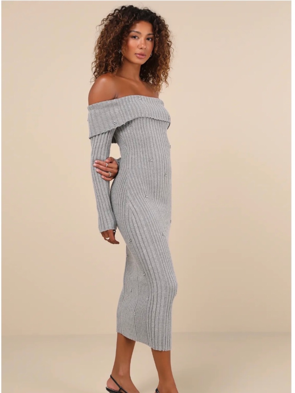 NWT Lulus Dazzling Comfort Grey Rhinestone Off-the-Shoulder Sweater Dress L